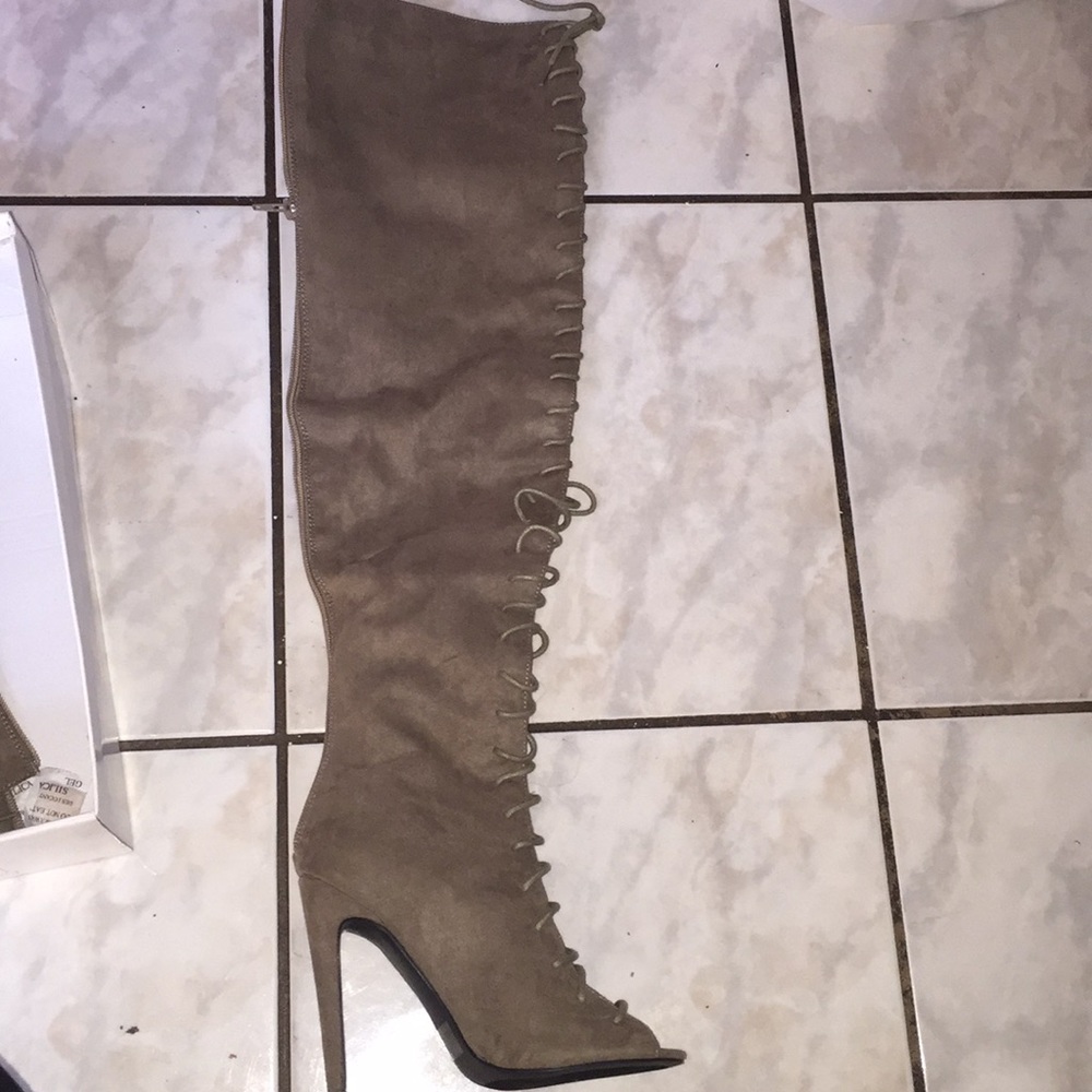 Tan Knee high lace up heel boots